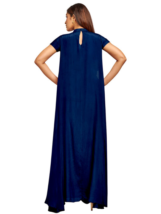 Dark blue drape dress with embroidery detail