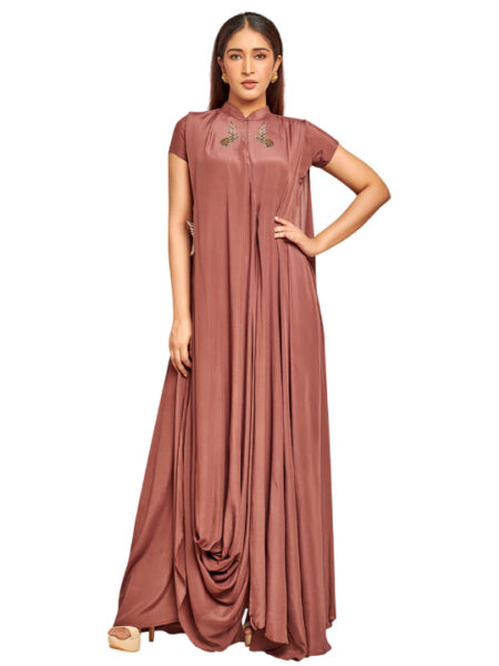 Brown drape dress with embroidery detail