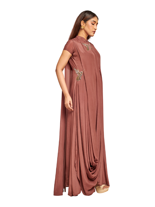 Brown drape dress with embroidery detail