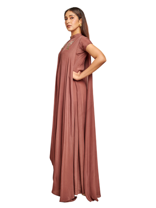 Brown drape dress with embroidery detail