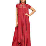 red drape dress with embroidery detail