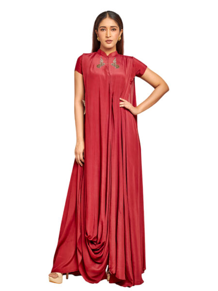 red drape dress with embroidery detail