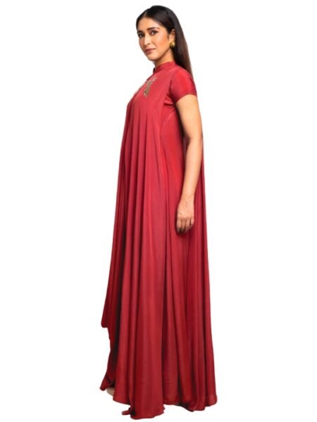 red drape dress with embroidery detail