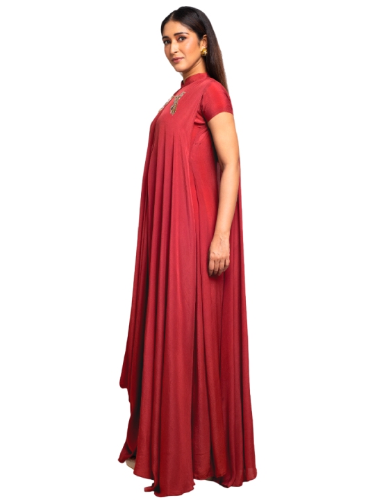 red drape dress with embroidery detail