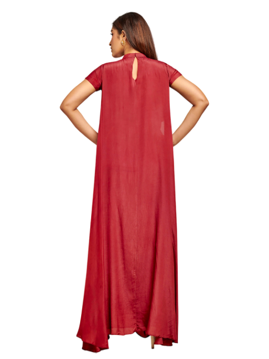 red drape dress with embroidery detail