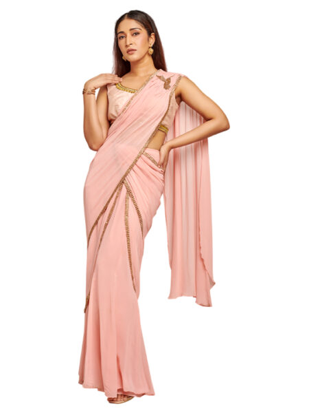 Peach georgette embroidered drape saree