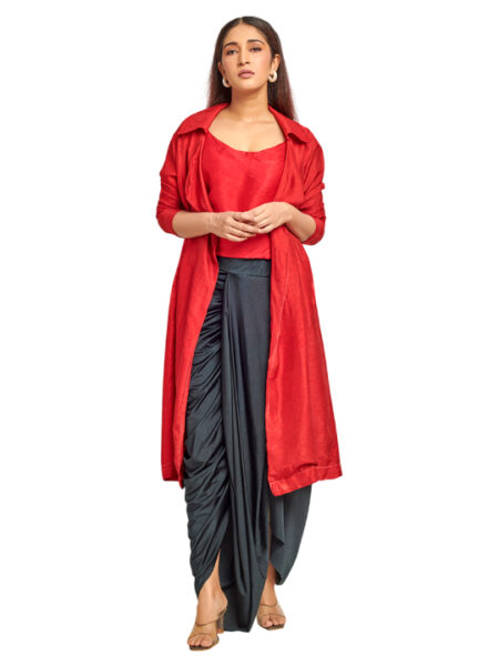 red and black trench coat set