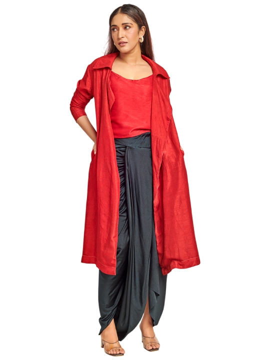 red and black trench coat set