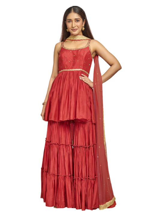 Red embroidered sharara Set