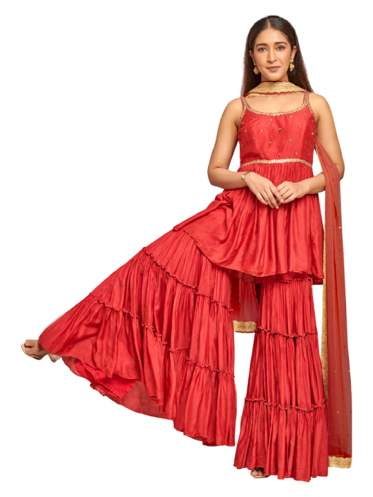 Red embroidered sharara set