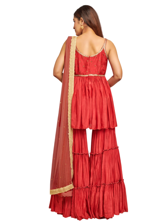 Red embroidered sharara set