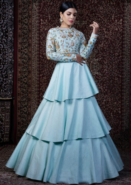 Light Blue Silk Layered Lehenga Set