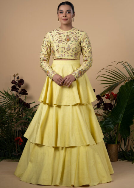 Yellow Silk Layered Lehenga Set