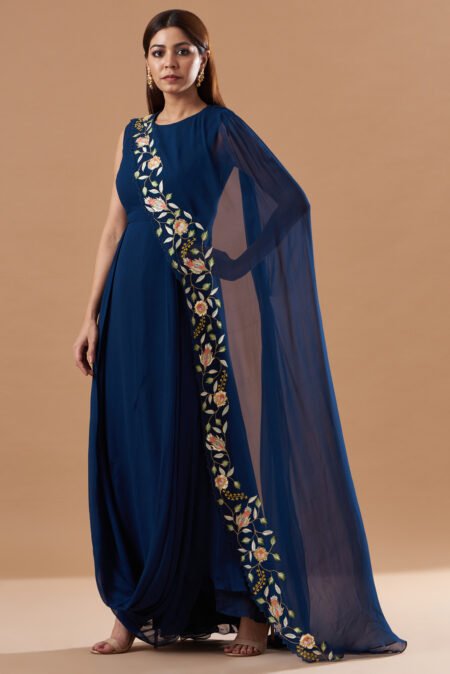 Midnight Blue Georgette Draped Dress